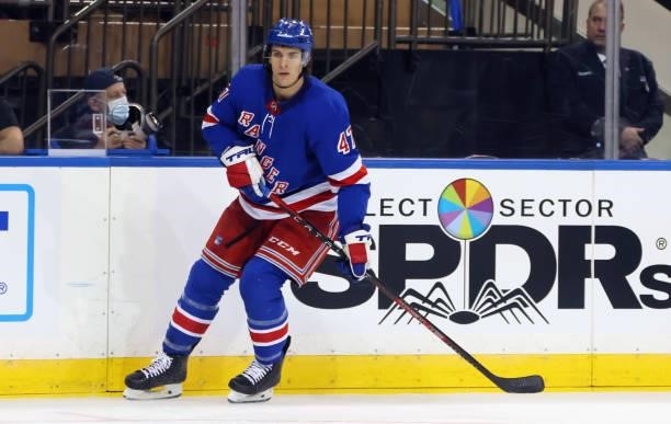 Morgan Barron of the New York Rangers skates against the New York Islanders in a preseason game at Madison Square Garden on September 26, 2021 in New...