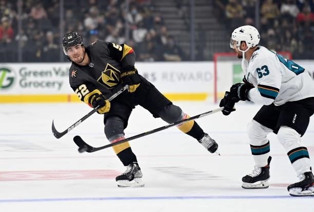 Dylan Coghlan of the Vegas Golden Knights skates during the first period against the San Jose Sharks at T-Mobile Arena on September 26, 2021 in Las...