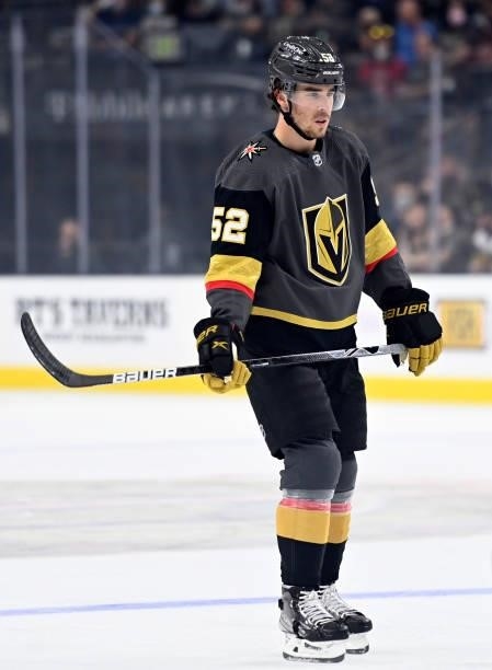 Dylan Coghlan of the Vegas Golden Knights skates during the first period against the San Jose Sharks at T-Mobile Arena on September 26, 2021 in Las...