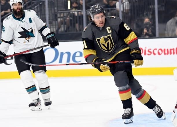 Mark Stone of the Vegas Golden Knights skates during the first period against the San Jose Sharks at T-Mobile Arena on September 26, 2021 in Las...