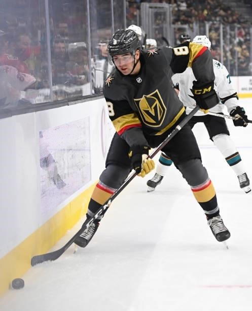 Jack Dugan of the Vegas Golden Knights skates during the first period against the San Jose Sharks at T-Mobile Arena on September 26, 2021 in Las...