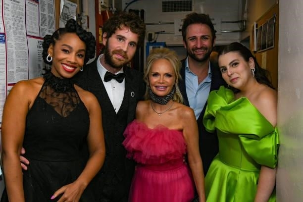 Anika Noni Rose, Ben Platt, Kristin Chenoweth, and Beanie Feldstein pose backstage during the 74th Annual Tony Awards at Winter Garden Theatre on...