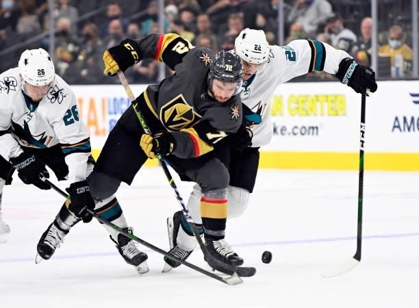 Gage Quinney of the Vegas Golden Knights skates during the first period against the San Jose Sharks at T-Mobile Arena on September 26, 2021 in Las...