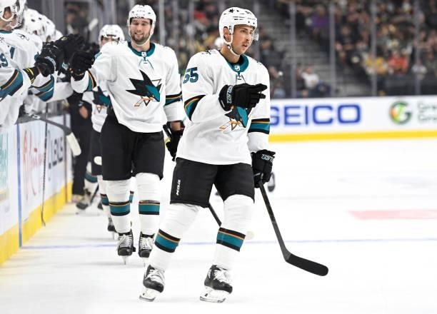 Alexander Chmelevski of the San Jose Sharks celebrates after scoring a goal during the first period against the Vegas Golden Knights at T-Mobile...