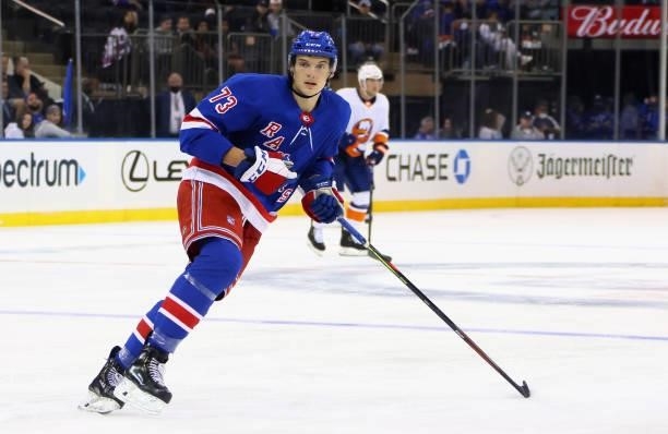 Matt Rempe of the New York Rangers skates against the New York Islanders in a preseason game at Madison Square Garden on September 26, 2021 in New...