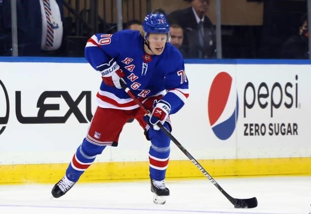 Karl Henriksson of the New York Rangers skates against the New York Islanders in a preseason game at Madison Square Garden on September 26, 2021 in...