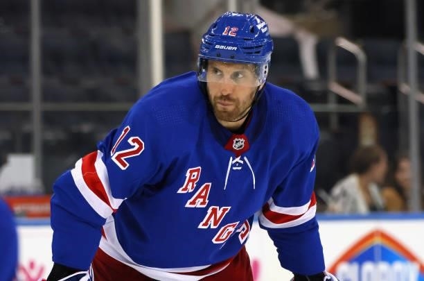 Patrik Nemeth of the New York Rangers skates against the New York Islanders in a preseason game at Madison Square Garden on September 26, 2021 in New...