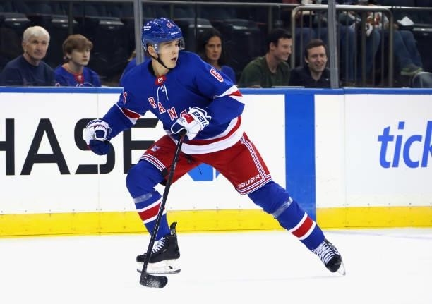 Nils Lundkvist of the New York Rangers skates against the New York Islanders in a preseason game at Madison Square Garden on September 26, 2021 in...