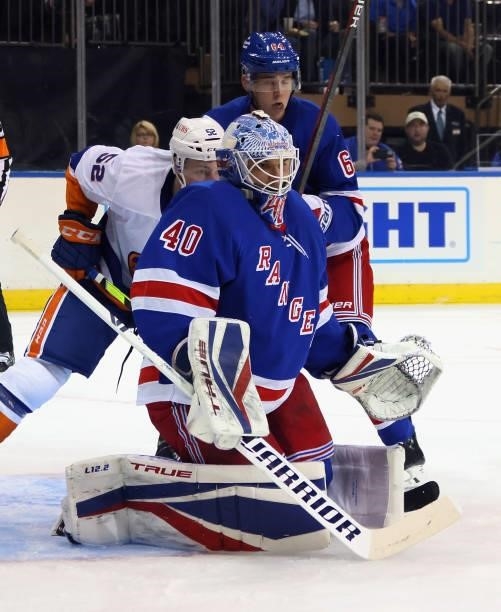 Alexandar Georgiev of the New York Rangers skates against the New York Islanders in a preseason game at Madison Square Garden on September 26, 2021...