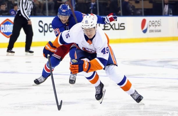 Robin Salo of the New York Islanders skates against the New York Rangers in a preseason game at Madison Square Garden on September 26, 2021 in New...