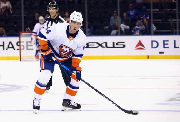Erik Gustaffson of the New York Islanders skates against the New York Rangers in a preseason game at Madison Square Garden on September 26, 2021 in...
