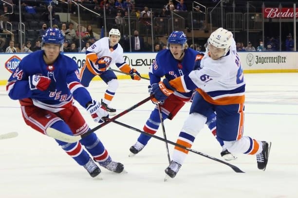 Aatu Raty of the New York Islanders skates against the New York Rangers in a preseason game at Madison Square Garden on September 26, 2021 in New...