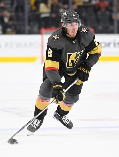 Zach Whitecloud of the Vegas Golden Knights skates during the first period against the San Jose Sharks at T-Mobile Arena on September 26, 2021 in Las...