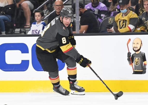 Jack Dugan of the Vegas Golden Knights skates during the first period against the San Jose Sharks at T-Mobile Arena on September 26, 2021 in Las...