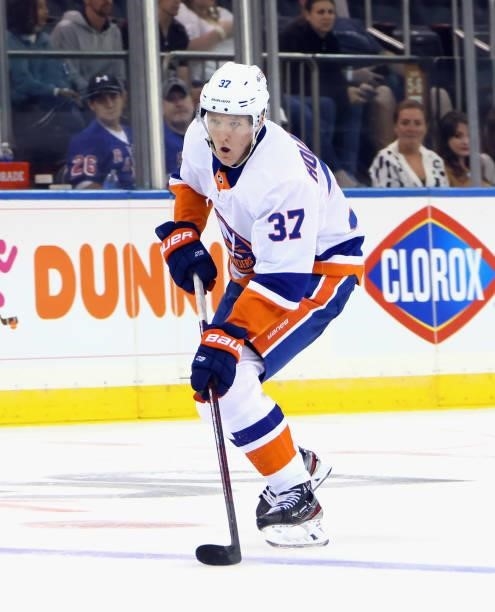 Simon Holmstrom of the New York Islanders skates against the New York Rangers in a preseason game at Madison Square Garden on September 26, 2021 in...