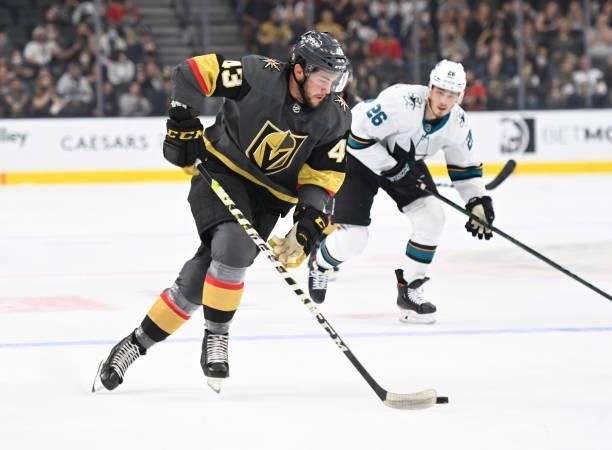 Paul Cotter of the Vegas Golden Knights skates during the first period against the San Jose Sharks at T-Mobile Arena on September 26, 2021 in Las...