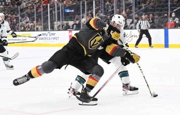 Paul Cotter of the Vegas Golden Knights shoots the puck during the first period against the San Jose Sharks at T-Mobile Arena on September 26, 2021...