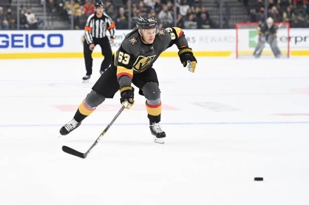 Evgenii Dadonov of the Vegas Golden Knights skates during the first period against the San Jose Sharks at T-Mobile Arena on September 26, 2021 in Las...