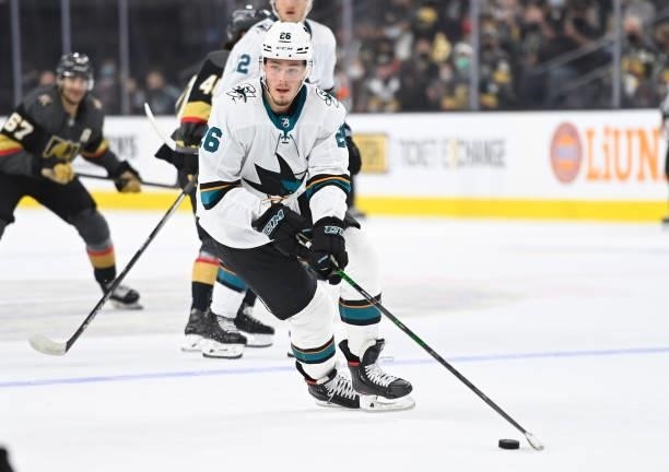 Jasper Weatherby of the San Jose Sharks skates during the first period against the Vegas Golden Knights at T-Mobile Arena on September 26, 2021 in...