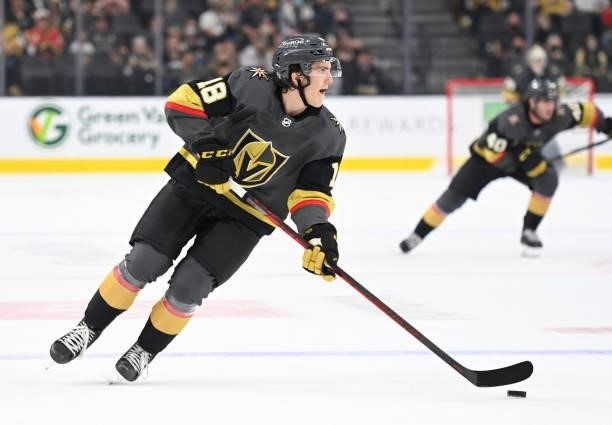 Peyton Krebs of the Vegas Golden Knights skates during the first period against the San Jose Sharks at T-Mobile Arena on September 26, 2021 in Las...