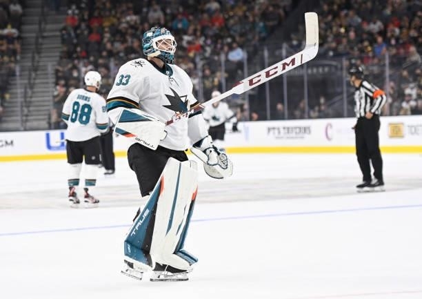 Adin Hill of the San Jose Sharks tends net during the first period against the Vegas Golden Knights at T-Mobile Arena on September 26, 2021 in Las...