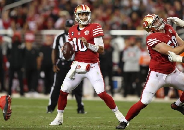 Jimmy Garoppolo of the San Francisco 49ers looks to pass during the second half against the Green Bay Packers in the game at Levi's Stadium on...