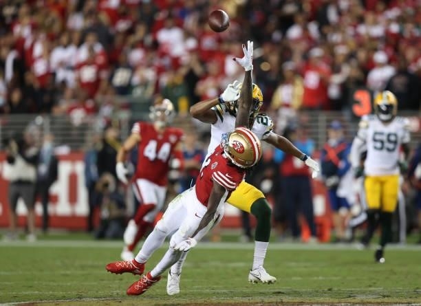 Eric Stokes of the Green Bay Packers is called for pass interference on Brandon Aiyuk of the San Francisco 49ers during the second half in the game...