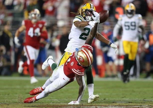 Eric Stokes of the Green Bay Packers is called for pass interference on Brandon Aiyuk of the San Francisco 49ers during the second half in the game...