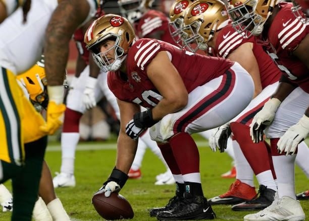 Alex Mack of the San Francisco 49ers prepares to snap the ball during the second half against the Green Bay Packers in the game at Levi's Stadium on...