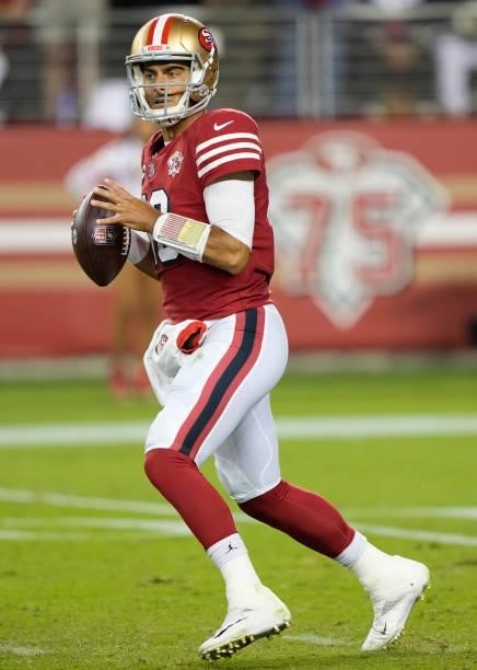 Jimmy Garoppolo of the San Francisco 49ers looks to pass during the second half against the Green Bay Packers in the game at Levi's Stadium on...