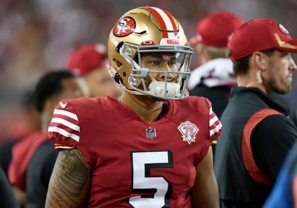 Trey Lance of the San Francisco 49ers is seen on the sideline during the second half against the Green Bay Packers in the game at Levi's Stadium on...