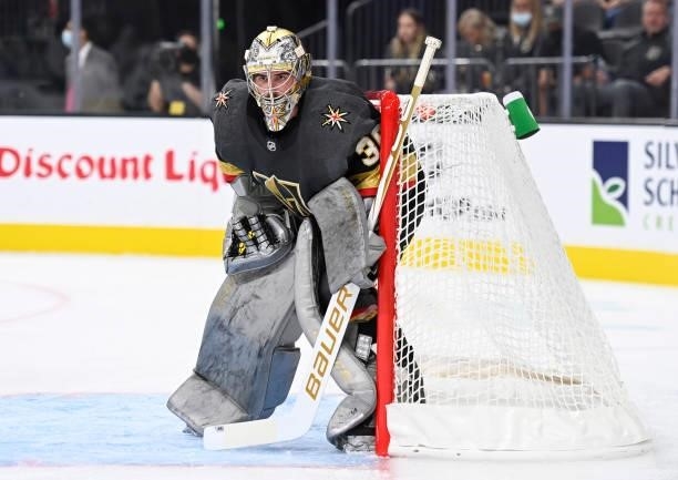 Logan Thompson of the Vegas Golden Knights tends net during the second period against the San Jose Sharks at T-Mobile Arena on September 26, 2021 in...