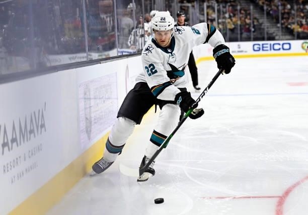 Mark Alt of the San Jose Sharks skates during the second period against the Vegas Golden Knights at T-Mobile Arena on September 26, 2021 in Las...