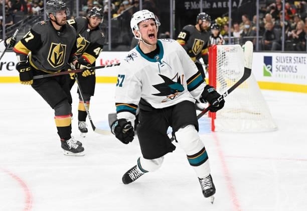 Adam Raska of the San Jose Sharks celebrates after scoring a goal during the second period against the Vegas Golden Knights at T-Mobile Arena on...