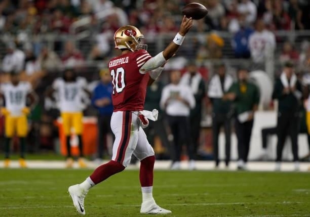 Jimmy Garoppolo of the San Francisco 49ers throws a pass during the second half against the Green Bay Packers in the game at Levi's Stadium on...