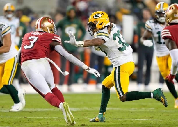 Aaron Jones of the Green Bay Packers rushes during the second half against the San Francisco 49ers in the game at Levi's Stadium on September 26,...