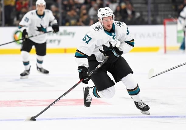 Adam Raska of the San Jose Sharks skates during the second period against the Vegas Golden Knights at T-Mobile Arena on September 26, 2021 in Las...