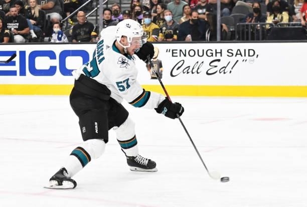 Adam Raska of the San Jose Sharks shoots the puck during the second period against the Vegas Golden Knights at T-Mobile Arena on September 26, 2021...