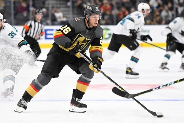 Mattias Janmark of the Vegas Golden Knights skates during the second period against the San Jose Sharks at T-Mobile Arena on September 26, 2021 in...