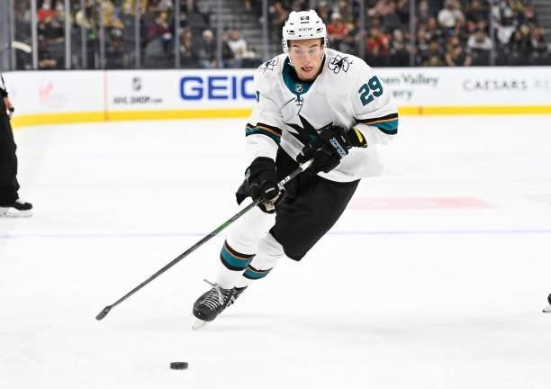 Kurtis Gabriel of the San Jose Sharks skates during the second period against the Vegas Golden Knights at T-Mobile Arena on September 26, 2021 in Las...