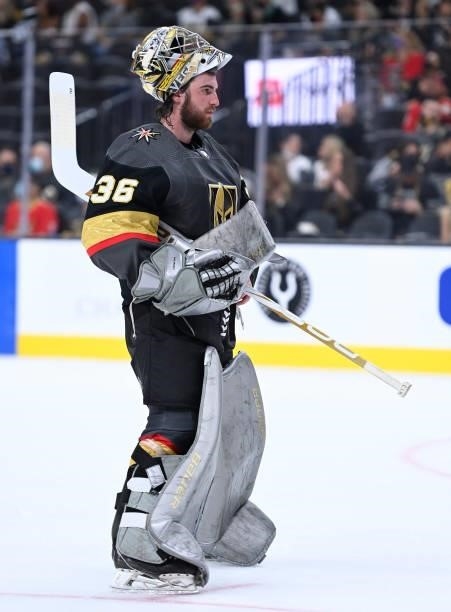 Logan Thompson of the Vegas Golden Knights tends net during the second period against the San Jose Sharks at T-Mobile Arena on September 26, 2021 in...