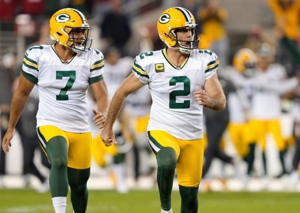 Mason Crosby of the Green Bay Packers celebrates after kicking the game-winning field goal against the San Francisco 49ers in the game at Levi's...