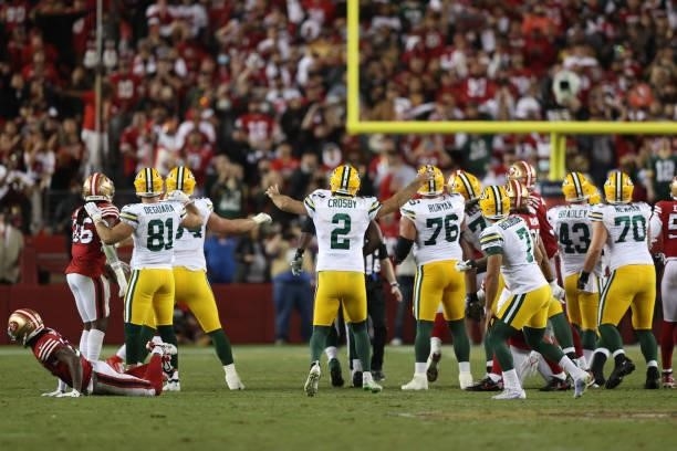 Mason Crosby of the Green Bay Packers celebrates after kicking the game-winning field goal against the San Francisco 49ers in the game at Levi's...