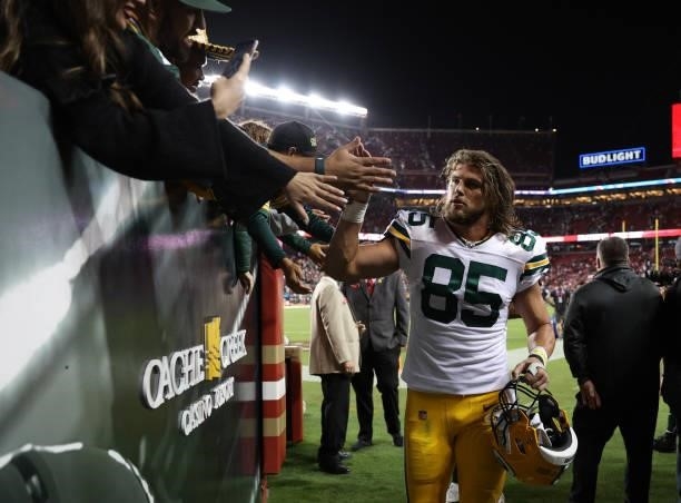 Robert Tonyan of the Green Bay Packers leaves the field after defeating the San Francisco 49ers in the game at Levi's Stadium on September 26, 2021...