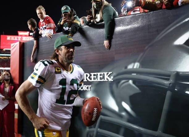 Aaron Rodgers of the Green Bay Packers leaves the field after defeating the San Francisco 49ers in the game at Levi's Stadium on September 26, 2021...
