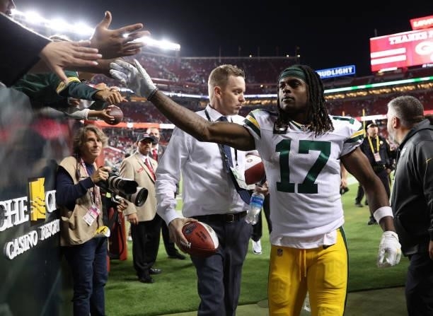 Davante Adams of the Green Bay Packers leaves the field after defeating the San Francisco 49ers in the game at Levi's Stadium on September 26, 2021...