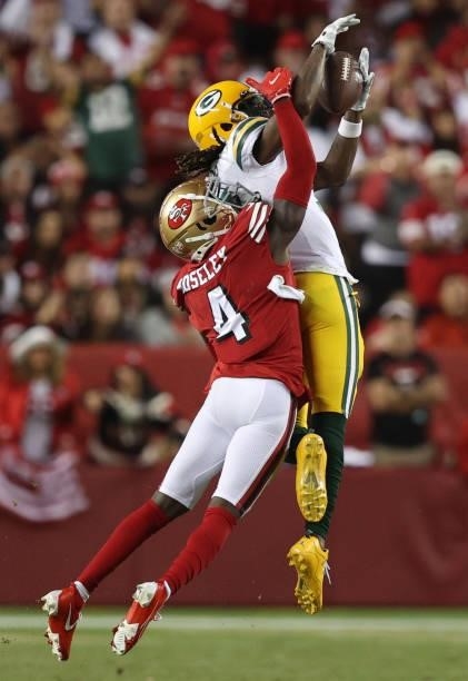 Davante Adams of the Green Bay Packers is unable to make a catch during the fourth quarter against the San Francisco 49ers in the game at Levi's...