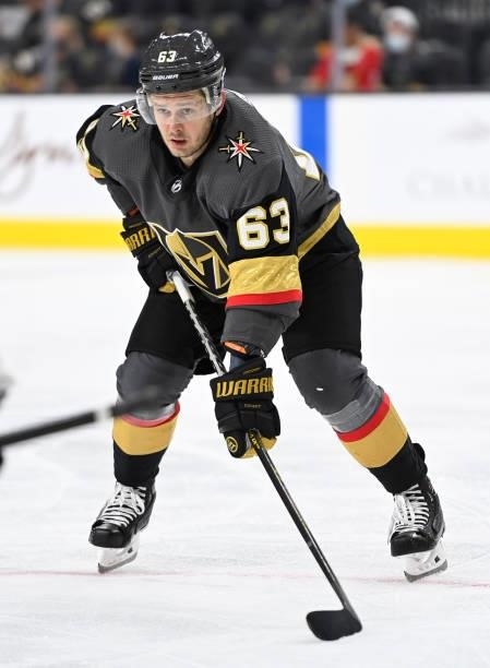 Evgenii Dadonov of the Vegas Golden Knights skates during the third period against the San Jose Sharks at T-Mobile Arena on September 26, 2021 in Las...