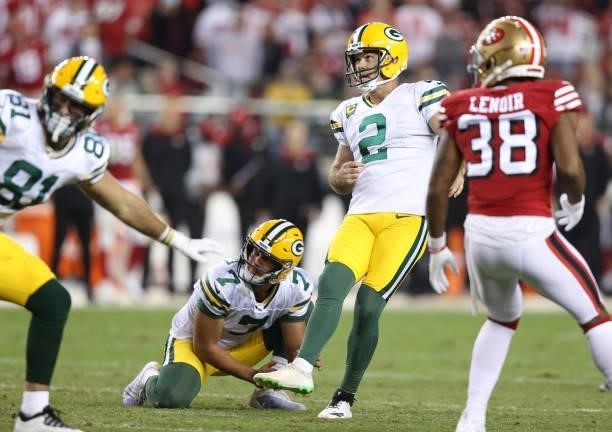 Mason Crosby of the Green Bay Packers kicks a field goal during the fourth quarter against the San Francisco 49ers in the game at Levi's Stadium on...