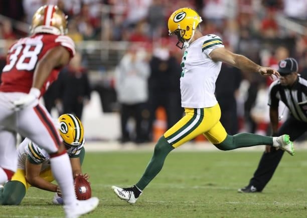 Mason Crosby of the Green Bay Packers kicks a field goal during the fourth quarter against the San Francisco 49ers in the game at Levi's Stadium on...